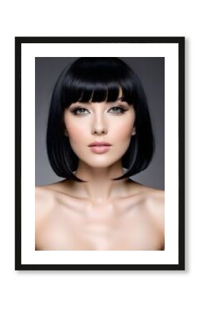 Luxury woman with fashion make-up & bob hairstyle on gray background.