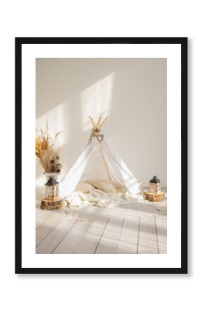 White fabric kids teepee and Native American decor in a children's room on a sunny day.