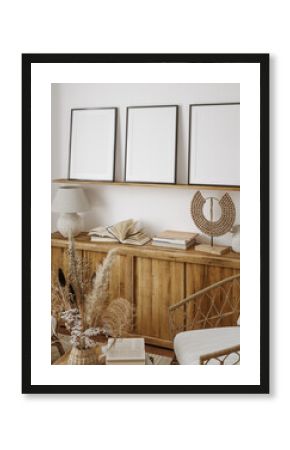 Mockup frame in farmhouse living room interior, 3d render