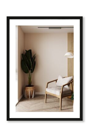  Home mockup, room in light pastel colors with blank wall and armchair, Scandi-Boho style, 3d render