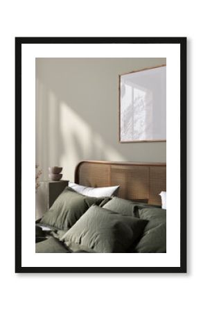 Poster frame mockup in bright bedroom interior background with rattan wooden furniture, 3d render
