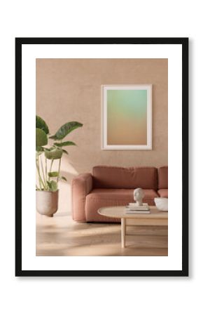 3d render of a Poster frame mock-up in a boho earthy home interior background with lounge sofa, table and decor in living room,  