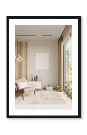 Home interior with sideboard and decor on white wall background. Wall mockup, 3d render