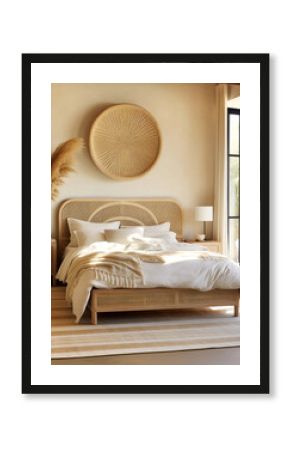 Rustic, boho interior design of modern bedroom in farmhouse. Created with generative AI