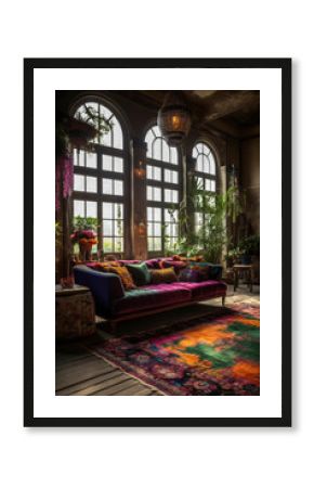 Generative illustration of Large boho chic style sofa with a bold design and light colors in velvet with flower prints and different stripes