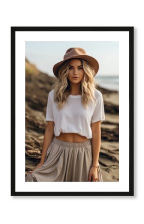 Beautiful Blonde Woman in a Blank Solid White T-Shirt Mockup at the Beach 
