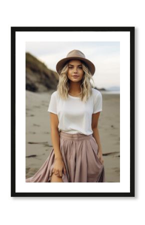 Beautiful Blonde Woman in a Blank Solid White T-Shirt Mockup at the Beach 