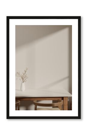 Empty space on a minimal white table against the white wall and minimal wooden armchairs in a room.