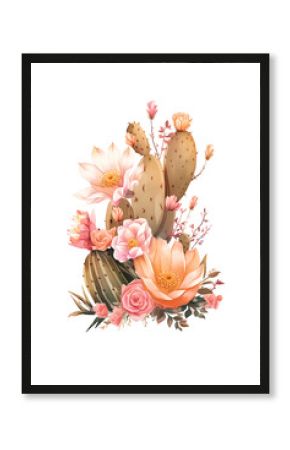 Beautiful WIld West Desert boho floral composition arrangement with cactus and flowers. Watercolor illustration isolated on white background.