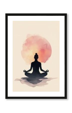 Watercolor silhouette of a girl sitting in yoga position at sunset meditating. Beige minimalistic background. Stories, vertical banner, wallpaper. 