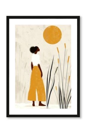A boho-style poster with a natural texture in yellow and gray shades with a woman and the sun.