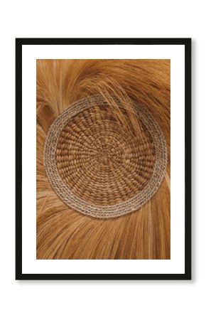 Close up view of decorative boho style straw plate