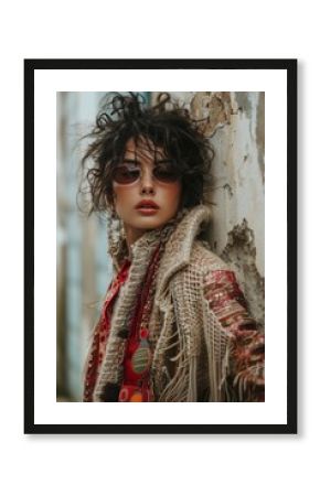 Fashionable Woman in Boho Chic Style with Sunglasses