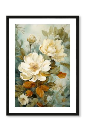 Vintage botanical illustration in boho style with beautiful flowers and green leaves. Abstract floral design for painting, wallpaper, cover.