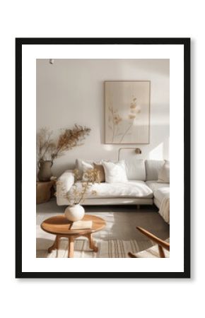 Stylish boho bohemian living room mock up mockup with neutral tones and comfortable tranquil interior design framed wall art and house plants comfortable welcoming decor
