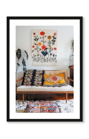 Stylish boho bohemian living room mock up mockup with neutral tones and comfortable tranquil interior design tapestry wall art pillows and house plants comfortable welcoming decor