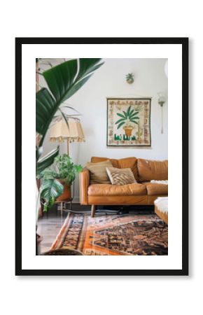 Stylish boho bohemian living room mock up mockup with neutral tones and comfortable tranquil interior design wall art and large house plants with big leaves comfortable welcoming decor