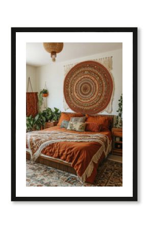 A bohemian-style boho bedroom mockup large mandala wall art in earth tones, red burnt orange bedding, plants pillows rug inviting, comfortable interior design vertical image