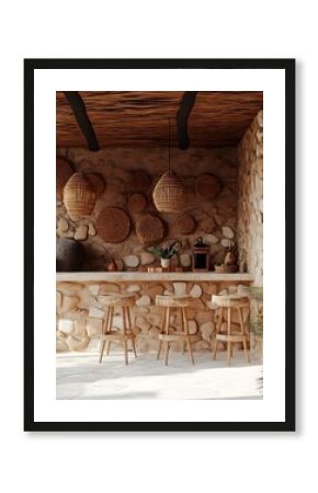 Boho Style Bar Stools and Wicker Lanterns with Stone Wall