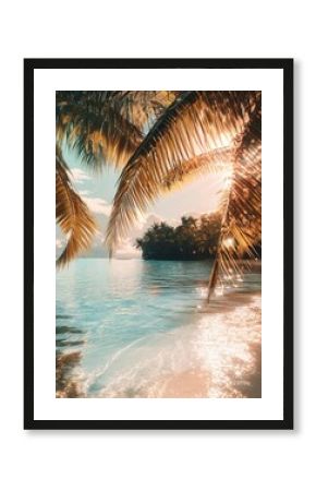 Vintage 60sinspired tropical oasis, golden sunlight streaming through palm fronds, sparkling lagoon, exotic flora, warm sandy tones, boho aesthetic