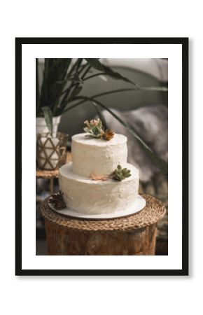 Elegant white Two Tier wedding cake with flowers and succulents on the wooden log on the background of decorations in rustic style