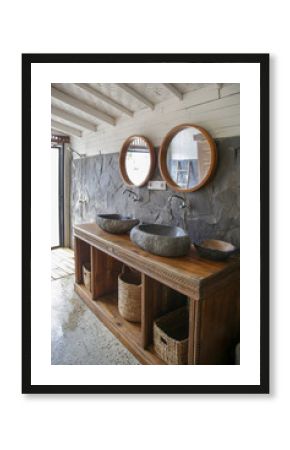 Simple contemporary bathroom in boho style. Small budget-friendly powder room in beachy boho chic vibes. 