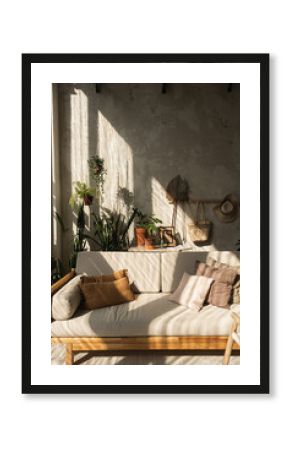 Boho style modern home interior design. Sofa, pillows, home plants, carpet and decorations against concrete wall. Bohemian sitting room with sun light shadows on the wall.