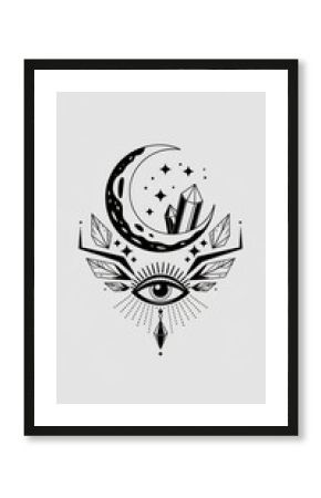 Mystical eye design featuring a crescent moon, crystals, and celestial elements.