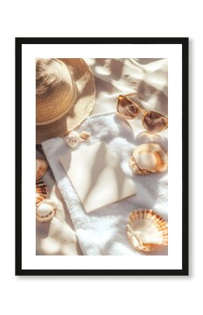 Sunlit summer flat lay featuring a greeting card on a soft white cotton towel, surrounded by seashells, beach sunglasses, and a straw hat, capturing a warm, relaxed vacation vibe.