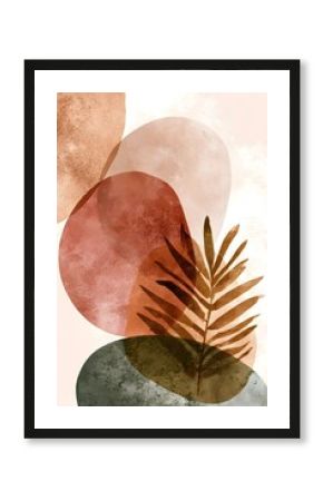 minimal abstract watercolor wall art with soft earthy tones terracotta beige olive green organic overlapping shapes one tropical leaf silhouette boho and scandi.