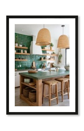 tropical boho kitchen full view, green tile backsplash, open wood shelves, woven pendant lights, clay floor, cozy tropical light