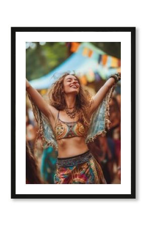 Happy Woman in Boho Clothes Dancing at Music Festival