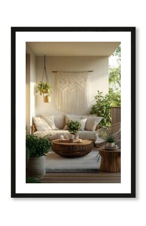Serene Balcony Oasis: A tranquil bohemian balcony design features a cozy couch, macrame wall hanging, potted plants, and wooden accents, creating a peaceful outdoor retreat. 