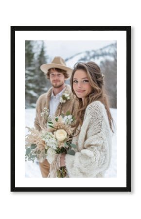 beautiful bride in an oversized boho style knit cardigan with a boho wedding dress stands on the snow covered ground, holding her wedding bouquet . 