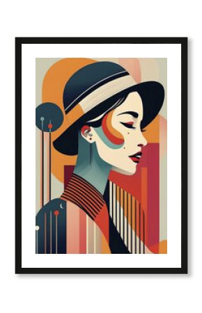 Retrato de Mulher, Desenho fineart, misturando estilos clássicos com boho chic, estilo cubismo, tons suaves, linhas retas, minimalista, com poucos elementos. Colorido. Ilustração.