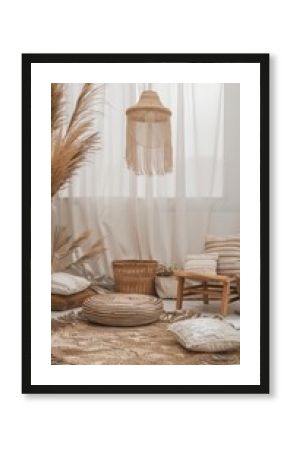 Boho-minimalist display stage decorated with minimalist bohemian decorations and understated furnishings for a minimalist bohemian vibe.