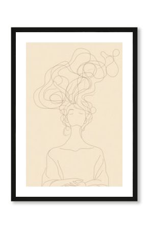 Minimalist boho line art illustration of woman, affirmation quotes background wallpaper, beige, aesthetic self love care, wish, empowerment, freedom state of mind concept art illustration flower core