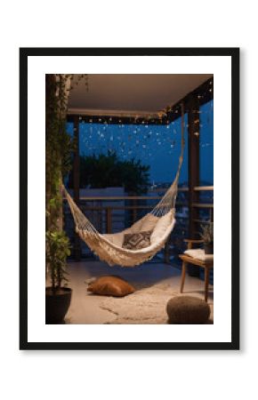 Inviting bohemian style balcony retreat with plush couch cozy cushions and the beauty of city lights Bohemian Style Interior Design Stock Photo Inspiration