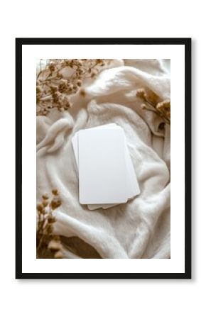 white cards tarot boho background neutral linen dried flowers 