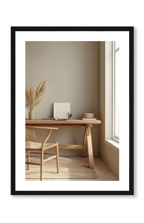 Bohemian home office with wooden desk and natural textures in modern space