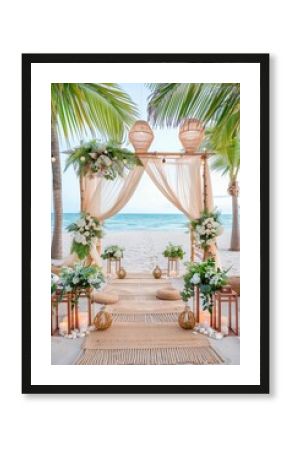 Beautiful Boho Chic Wedding Altar on the Beach With Flowing Fabric, Seashells, and Greenery Surrounded by Elegant Decor