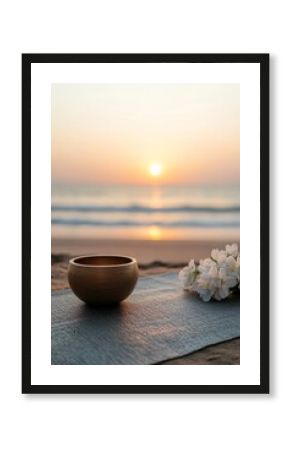 Minimalist Wellness Retreat Setting Wooden Singing Bowl and Florals on Mat in Sunset Beachscape - Mindfulness and Eco-Therapy Content for Wellness Branding