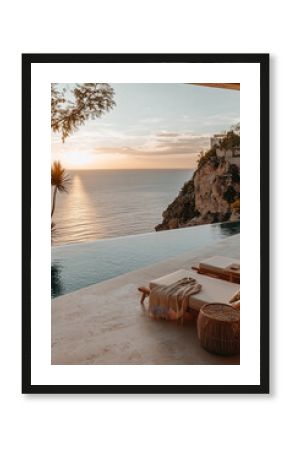 Luxurious infinity pool overlooking the ocean, modern boho patio with minimalist furniture, serene atmosphere, golden hour lighting, tropical vibes