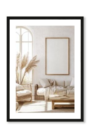 Beige boho living room with empty frame