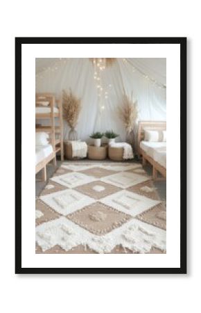 Bright boho dorm room includes wooden bunk beds, plants, and textured decor, creating a relaxing and inviting space for students