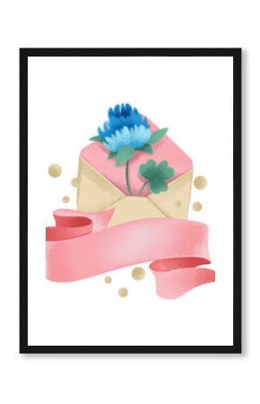 Clipart template for an inscription. Pink ribbon with a postal envelope and a blue flower. Wedding invitation, date, valentine's day. Delicate spring illustration in vintage boho style.