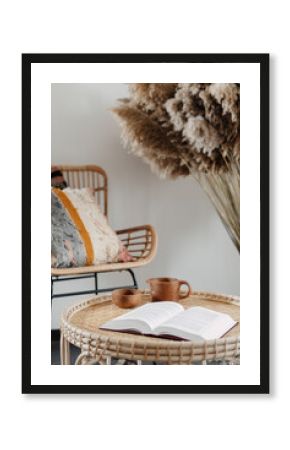 Wicker furniture with eco materials in living room interior at boho style