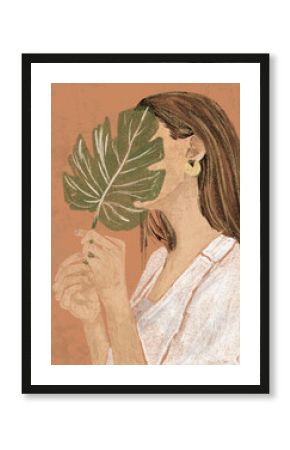 Abstract Boho Woman Portrait. Minimalist Female simple Modern Art. Pastel colors, Hand Drawn Contemporary card, logo, template