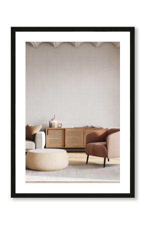 Home mockup, white room with natural wooden furniture, Scandi-Boho style, 3d render