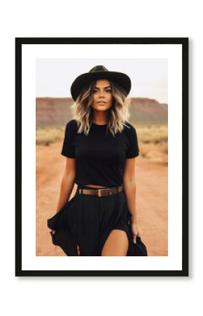 Beautiful woman Wearing a Blank Solid Black T-Shirt Mockup Standing in a Desert with a Black Wide Brim Boho Hat
